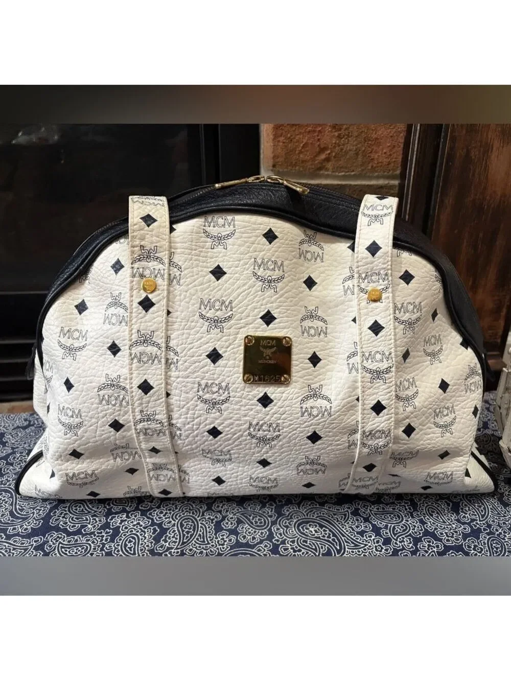 MCM Visetos Monogram Boston Bag / Satchel - White & Black